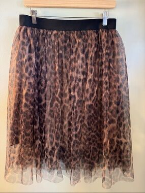 EESOME Women's Tulle Skirt Brown & Black Leopard Black Waistband LARGE